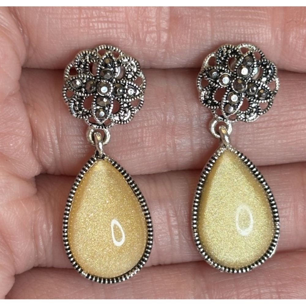 Rhinestones and Yellow Green Drop Pierced Earrings Silver Tone